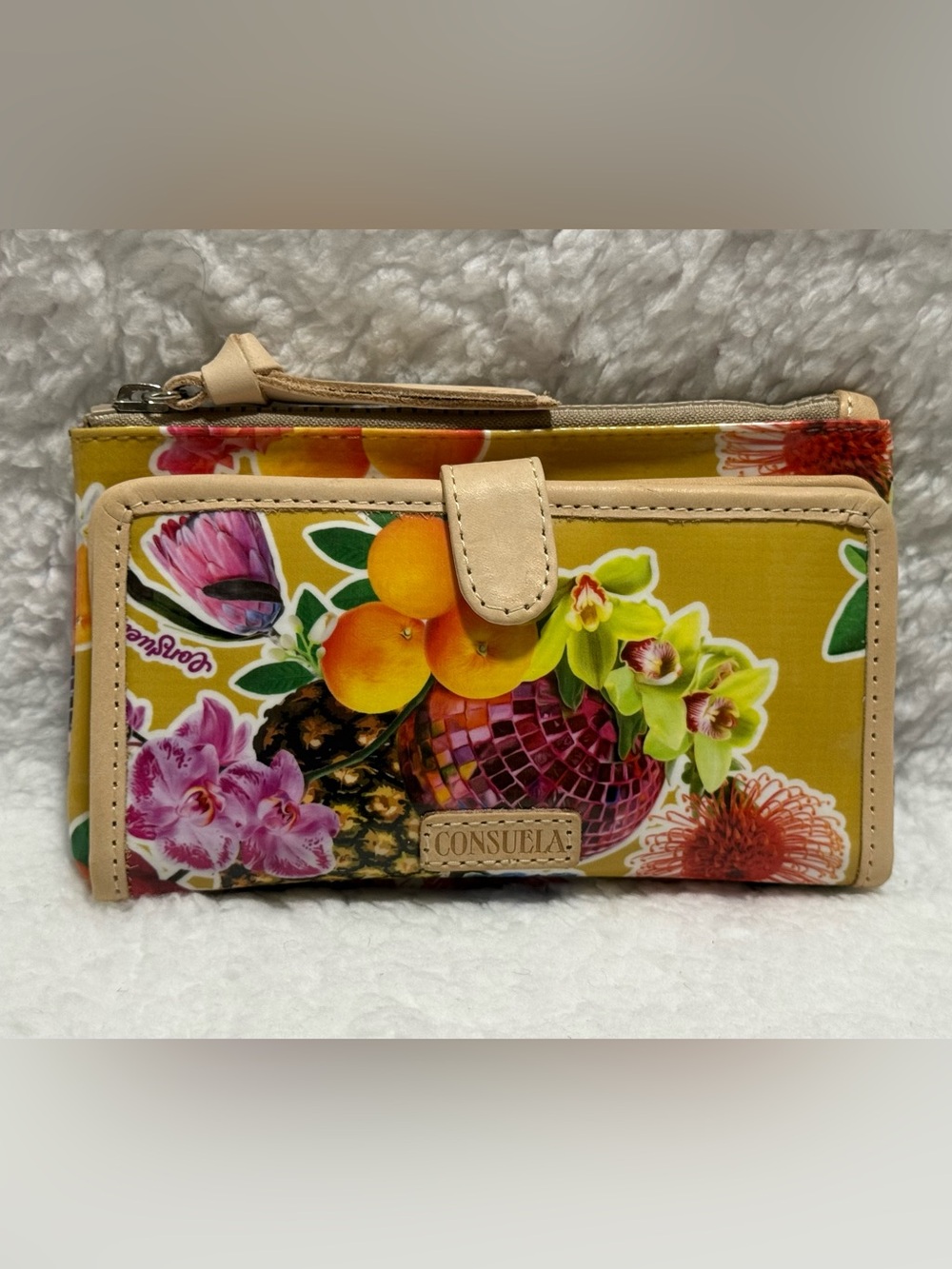 NWT Consuela Barb Floral Citrus Yellow Wallet with Cream Trim